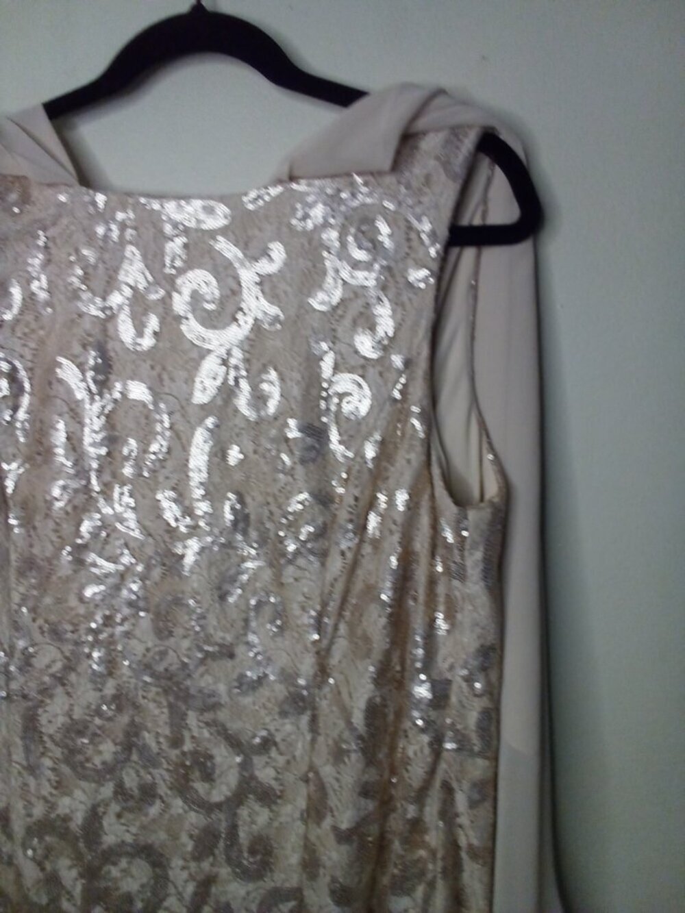Alex Evenings Dress Women 16 Sleeveless Sheer Drape Sleeve Sequins Tan - Picture 4 of 15